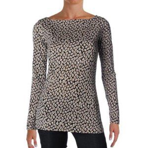 Elegant Diane Von Furstenberg black white gold silk long sleeve tee.